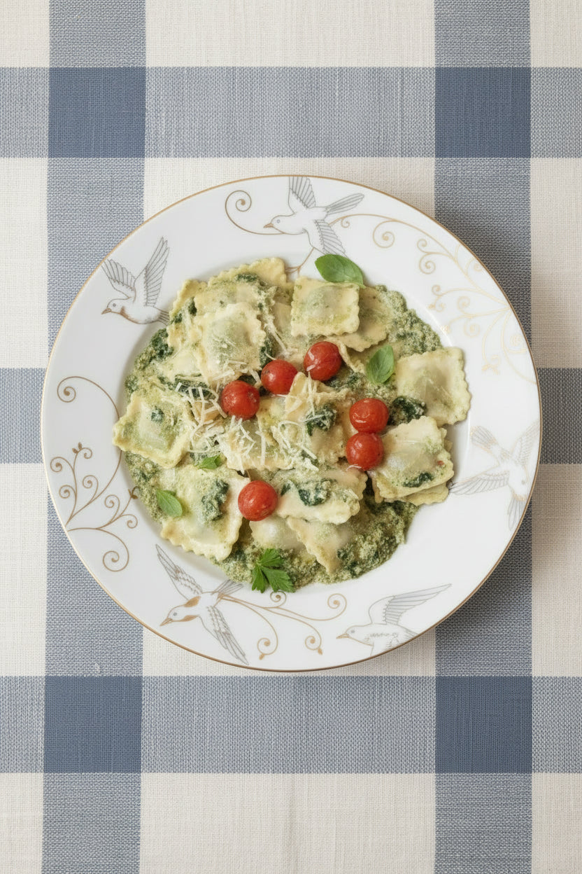 Spinach Ravioli with Labneh, Pesto, and Tomato🥟