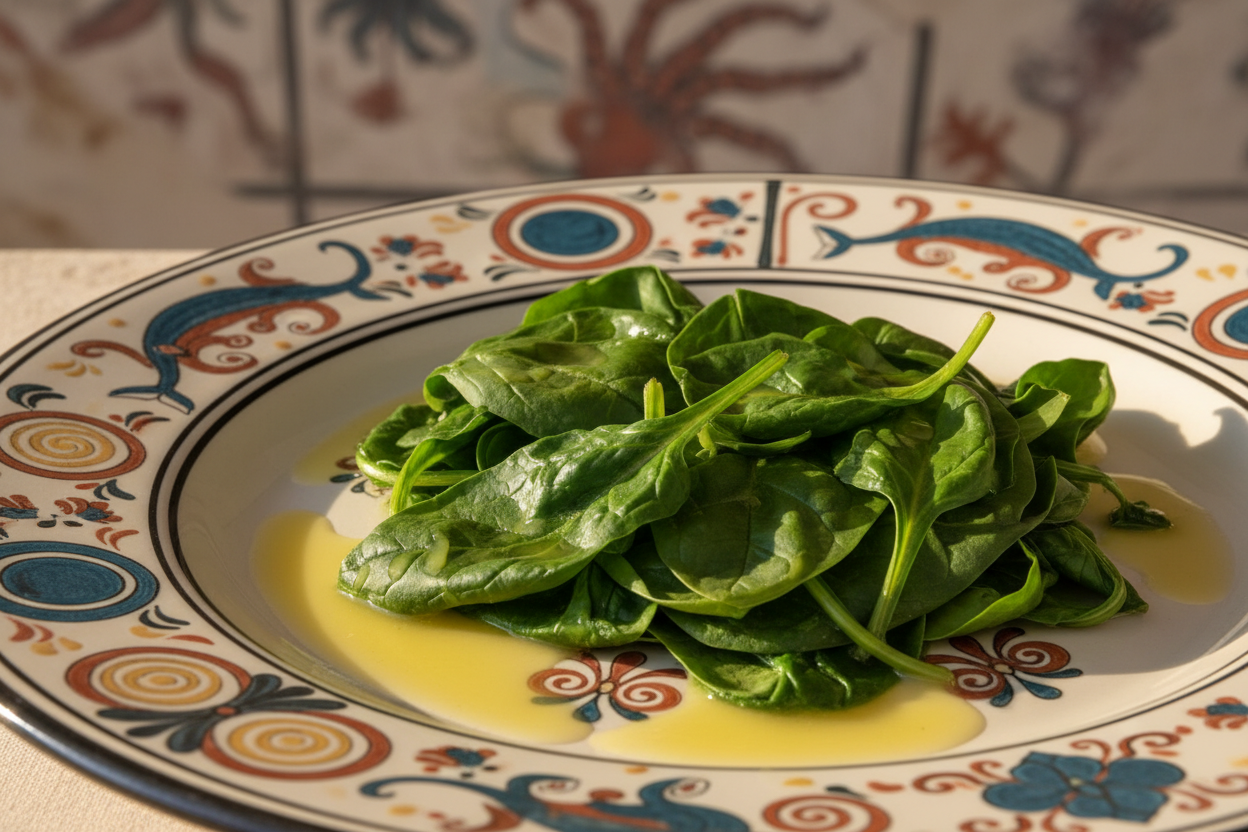 Spinach (boiled) with lemon juice (pools) on a Cretan fresco