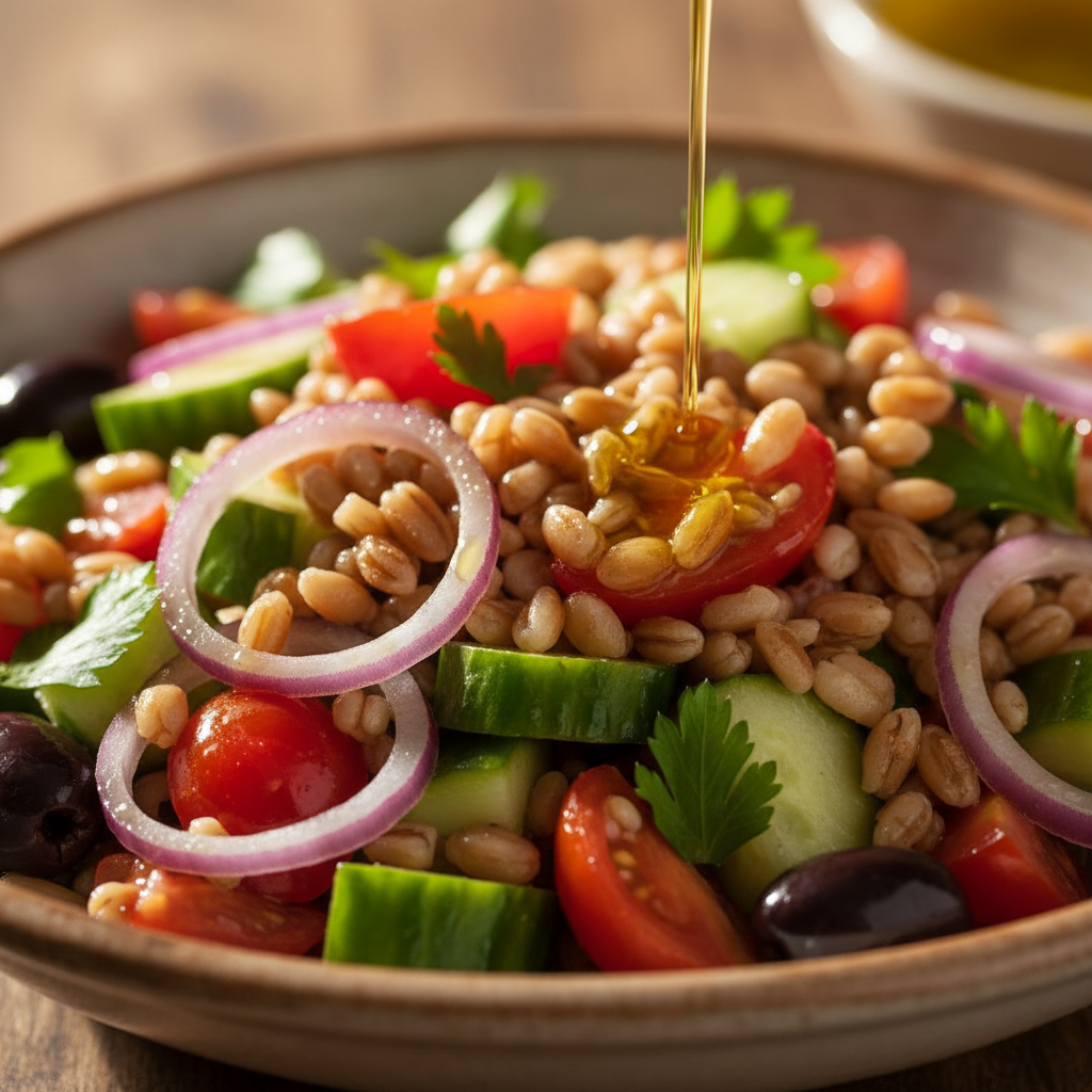 Without mint, feta. Add parsley and Kalamata olives. Closeup.